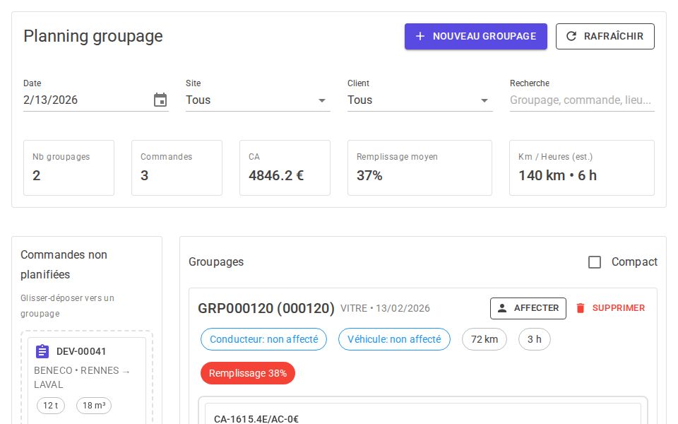 MudBlazor transport planning board showing filters, KPI summary cards, unplanned orders column, and groupage cards with drag-and-drop order scheduling.