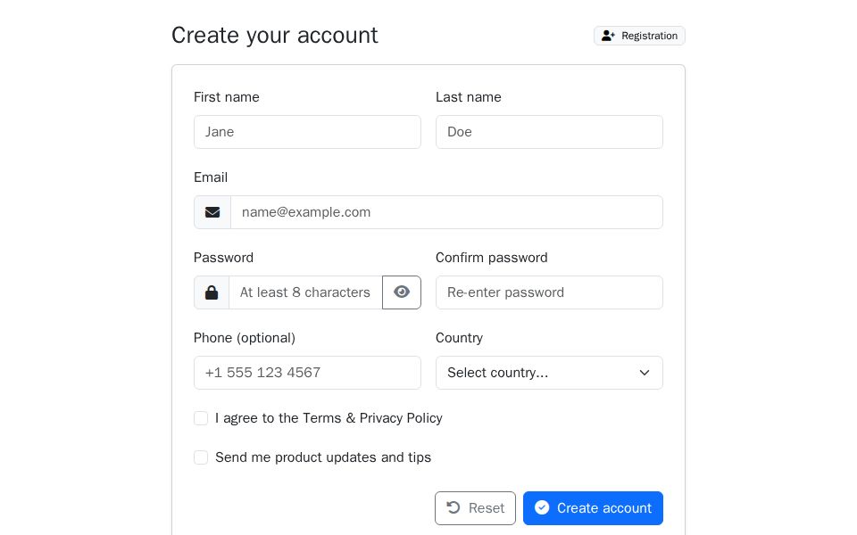 Blazor registration form using Bootstrap with fields for profile and credentials, password visibility toggle, validation messages, and submit/reset buttons.