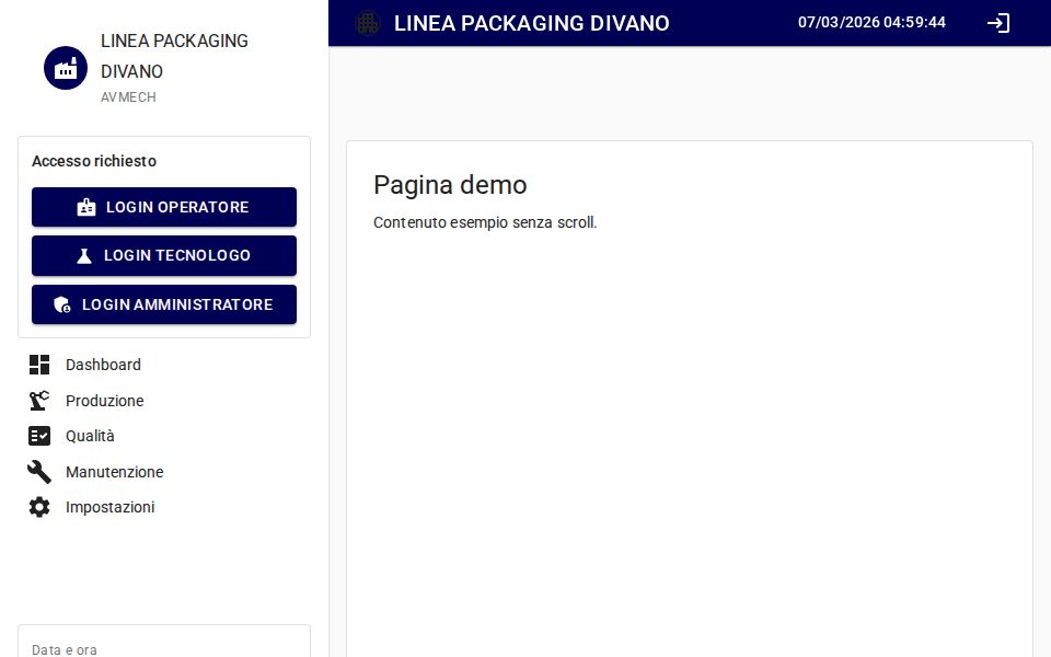 MudBlazor admin layout with persistent drawer nav, fixed app bar, demo login buttons, and live clock
