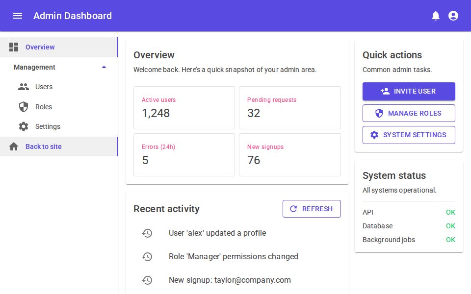 MudBlazor admin dashboard with responsive drawer nav, KPI cards, recent activity list, and refresh button