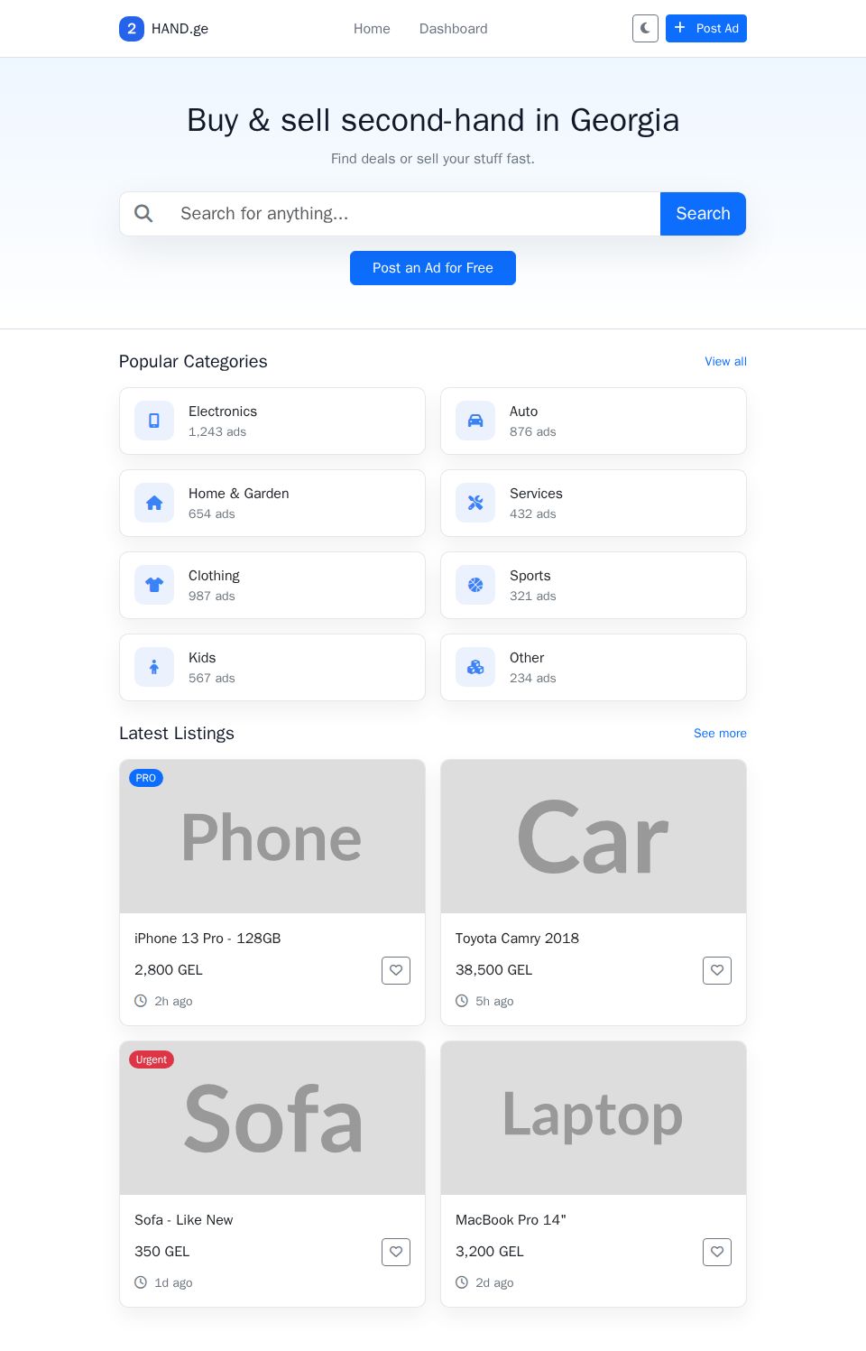 Bootstrap Blazor marketplace landing page with hero search bar, category cards grid, and latest listing cards with heart favorites.
