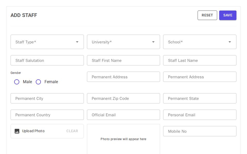 MudBlazor HR staff entry form with grid-based inputs, gender and status radio groups, and drag-and-drop photo upload with live preview.