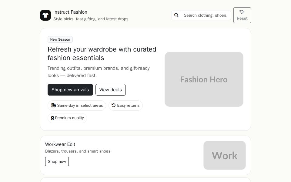 Blazor fashion e-commerce storefront with hero banner, category chips, horizontal product rails, and Bootstrap-styled product cards with filters.