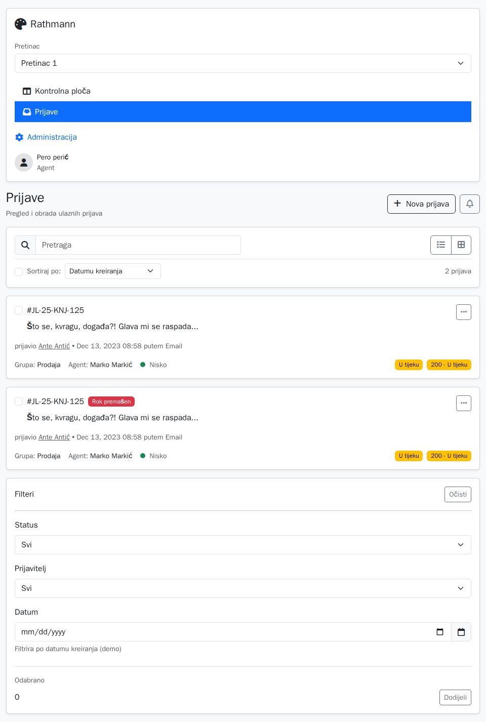 Bootstrap Blazor tickets dashboard with sidebar mailbox select, search bar, list/cards toggle, and filters panel.