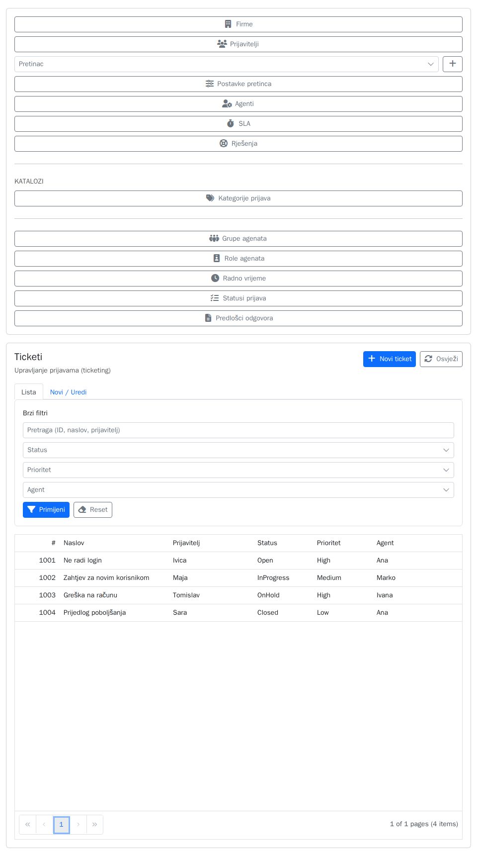 Syncfusion Blazor ticketing admin panel with sidebar actions, quick filter form, tabbed list/edit view, and paged SfGrid