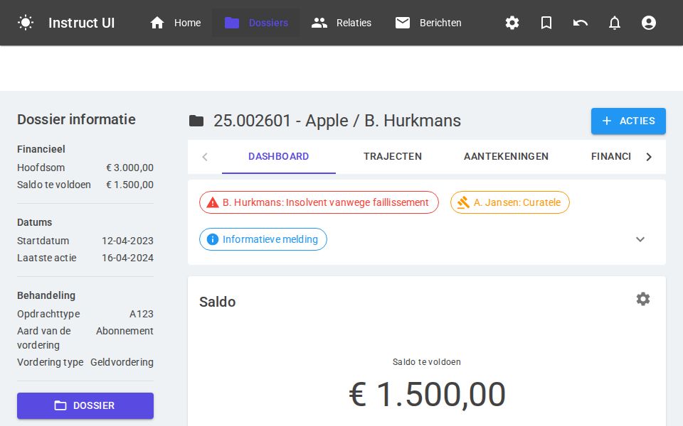 MudBlazor dossier dashboard with fixed app bar, tabbed sections, alert chips, sidebar summary, and KPI cards