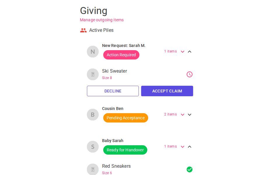 MudBlazor giving dashboard with expansion-panel piles, status chips, item rows, and embedded chat bubbles