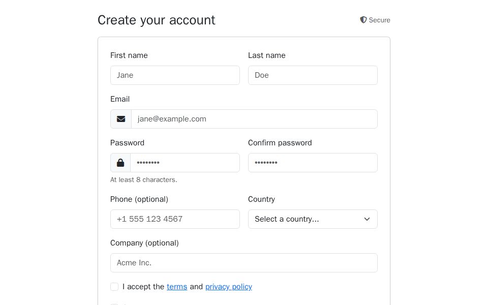 Bootstrap-styled Blazor registration form with card layout, input groups, country select, and validation messages
