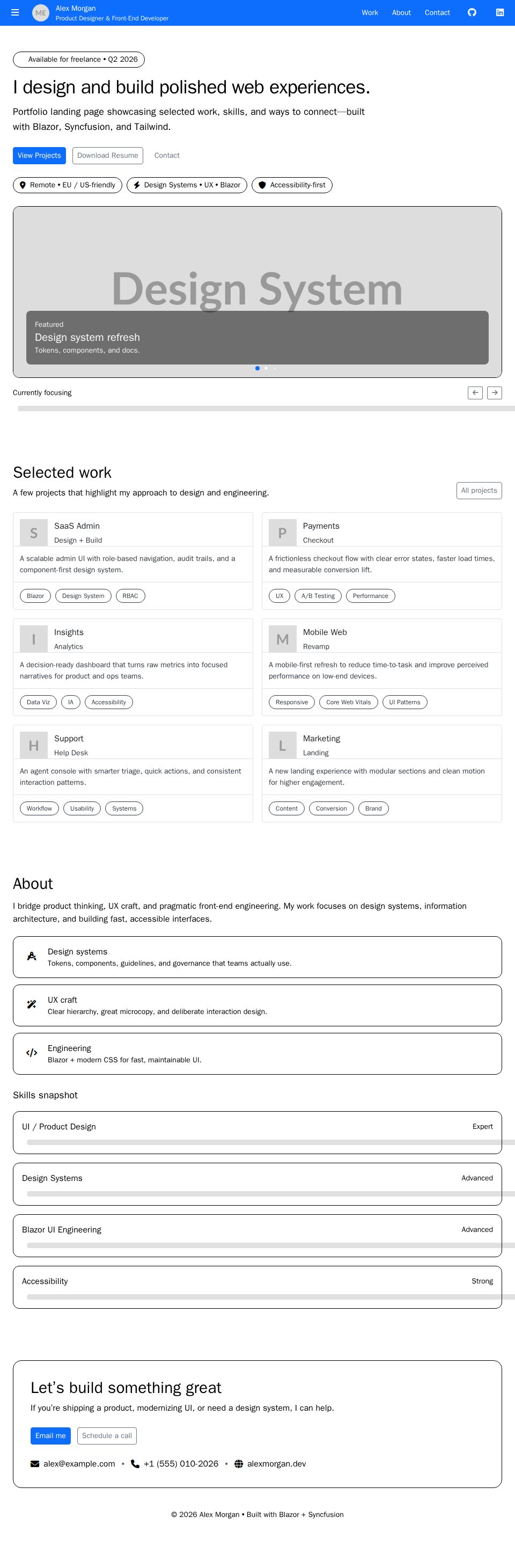 Syncfusion Blazor portfolio landing page with sticky app bar, hero carousel, project cards, and skill progress bars