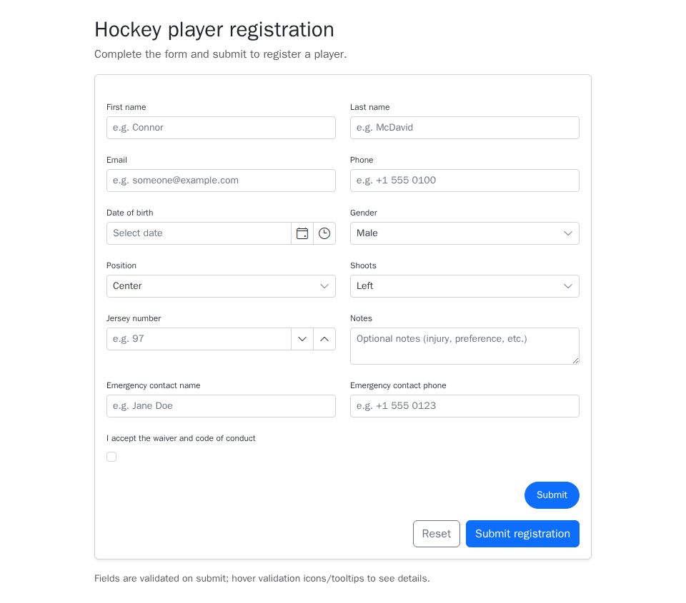 Syncfusion Blazor registration form with two-column SfDataForm, tooltip validation, and an outlined status message banner.