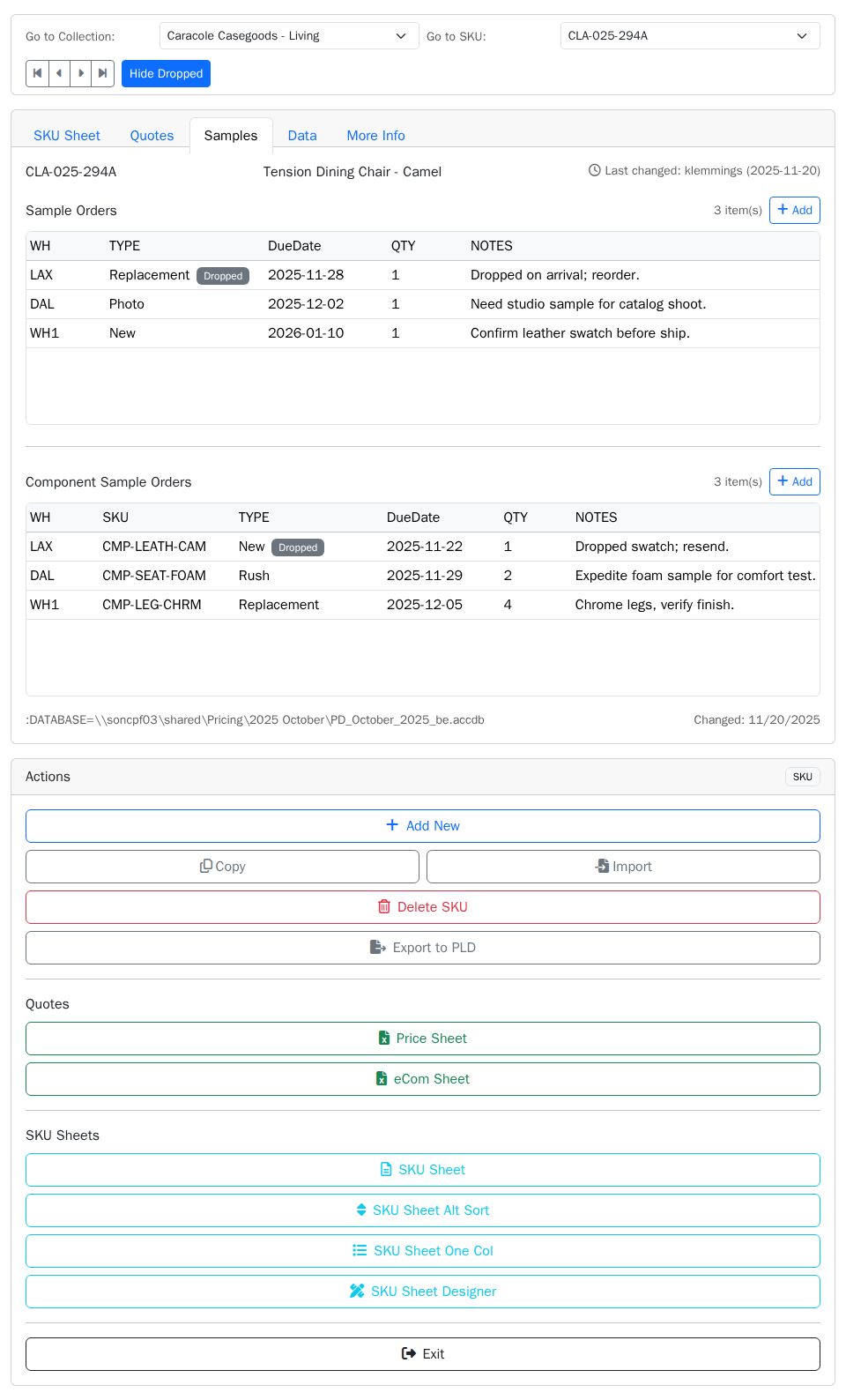 Bootstrap Blazor admin panel with SKU tabs, two responsive order tables, hide-dropped toggle, and EditForm modal