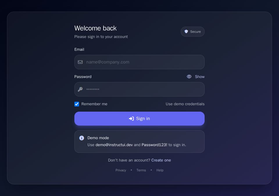 Tailwind CSS Blazor login page with split welcome panel, email/password validation, show-hide password toggle, and status alert banner.