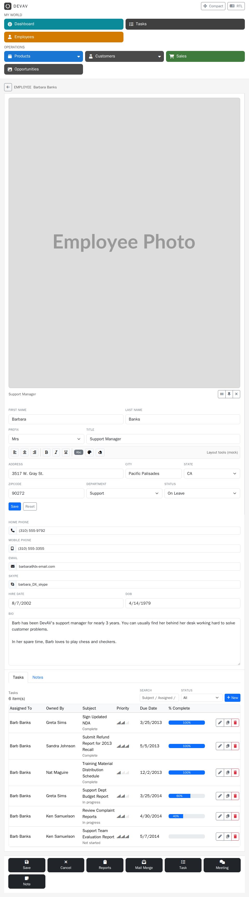 Bootstrap Blazor employee dashboard with profile edit form, tasks tab table, search/status filters, and command bar