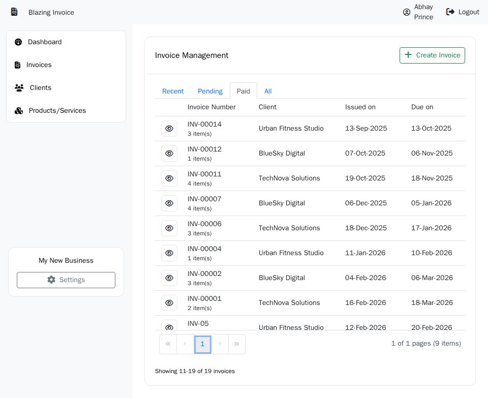 Syncfusion Blazor invoice dashboard with sidebar nav, tabbed status views, and a paged SfGrid with action icons
