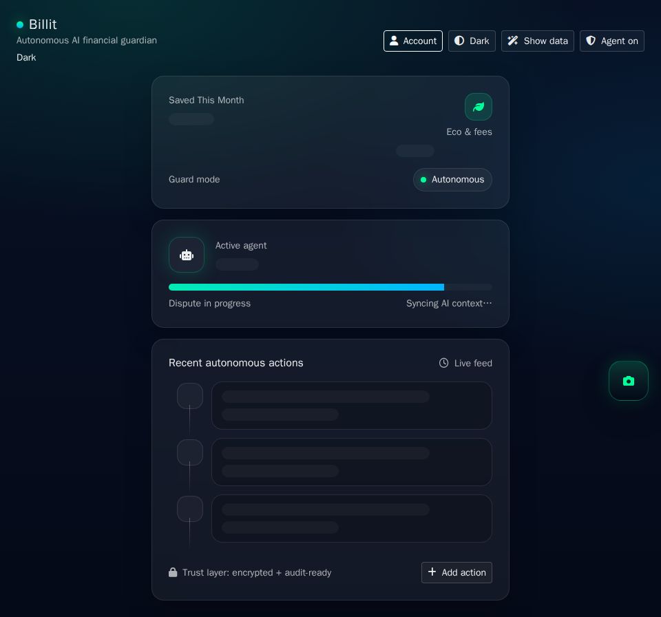 Blazor finance dashboard with Bootstrap glass cards, theme toggle buttons, progress bar, timeline feed, and FAB scan button.