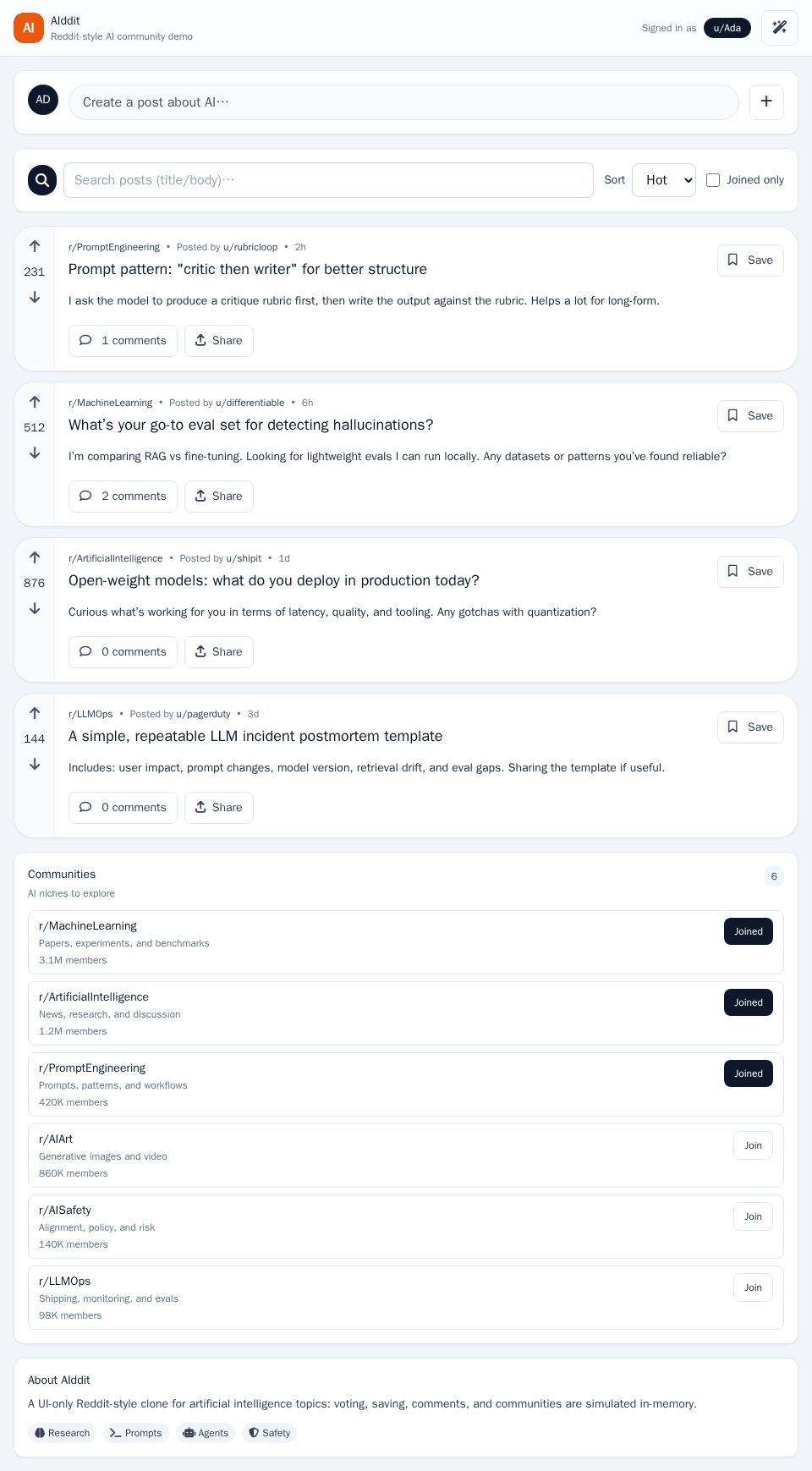 Blazor Reddit-style website with AI post feed, search and sort toolbar, post composer, comments, and community join sidebar