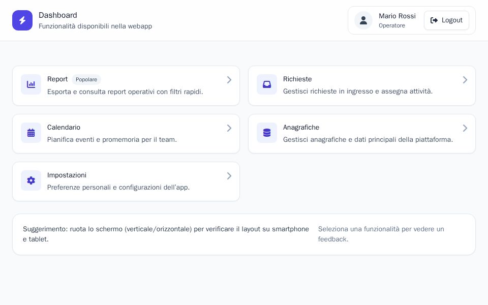 Blazor admin dashboard with Tailwind feature cards, sticky header, user panel, and role-based module visibility.