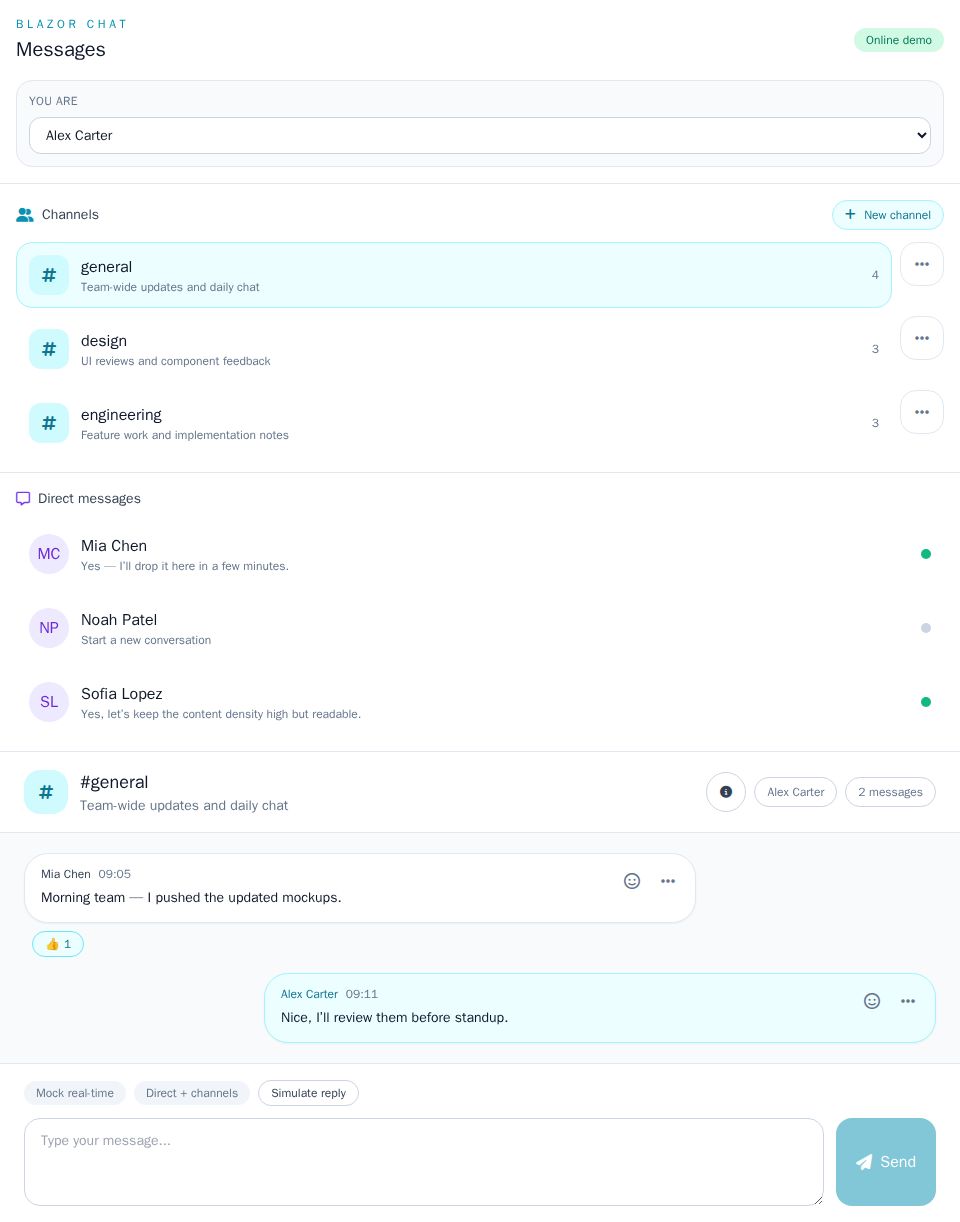 Blazor chat website page with Tailwind styling, channel sidebar, direct messages, reaction controls, and modal dialogs