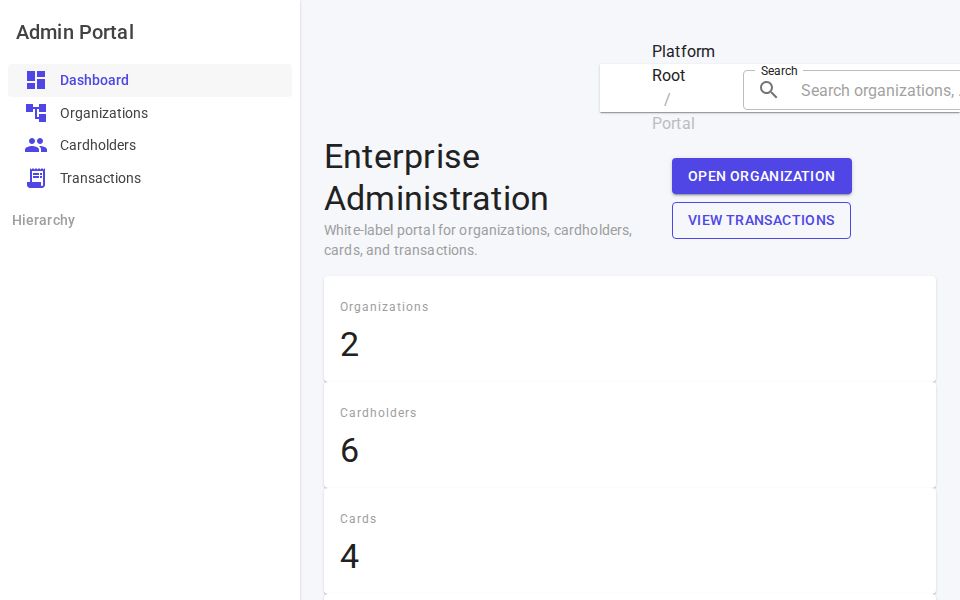 MudBlazor admin panel dashboard with sidebar navigation, hierarchy tree, search bar, summary cards, and transaction grid