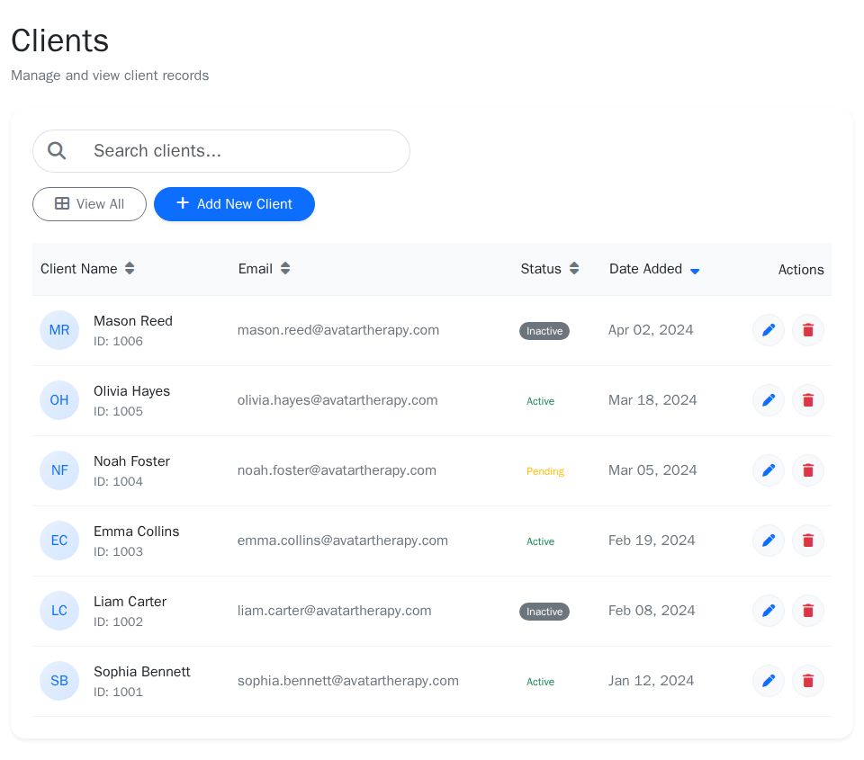 Blazor admin panel client manager with Bootstrap table, live search bar, sortable columns, status badges, and row actions.