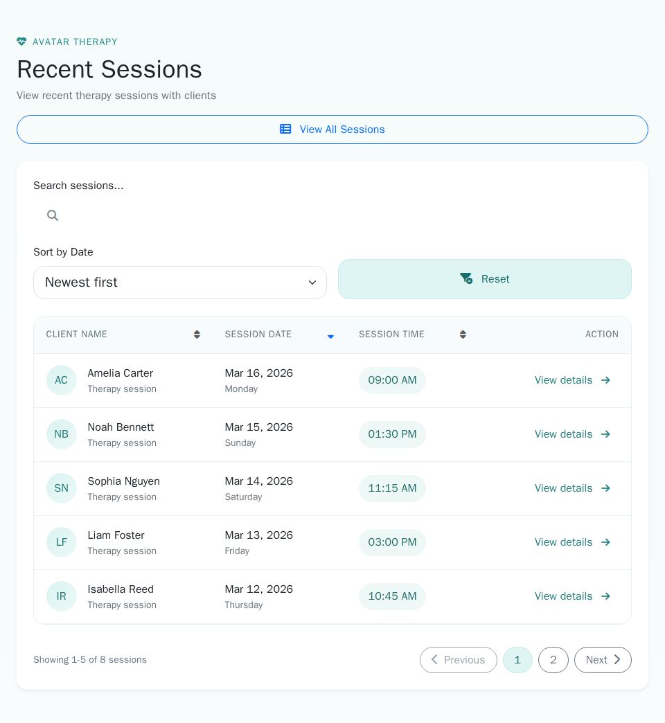 Blazor sessions page with Bootstrap styling, searchable table, sortable columns, pagination, and session details card.