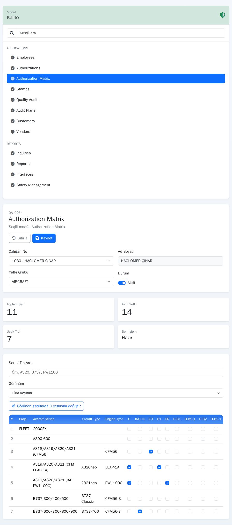 Blazor admin panel authorization matrix with Bootstrap sidebar search, summary cards, and a sticky-header permission table