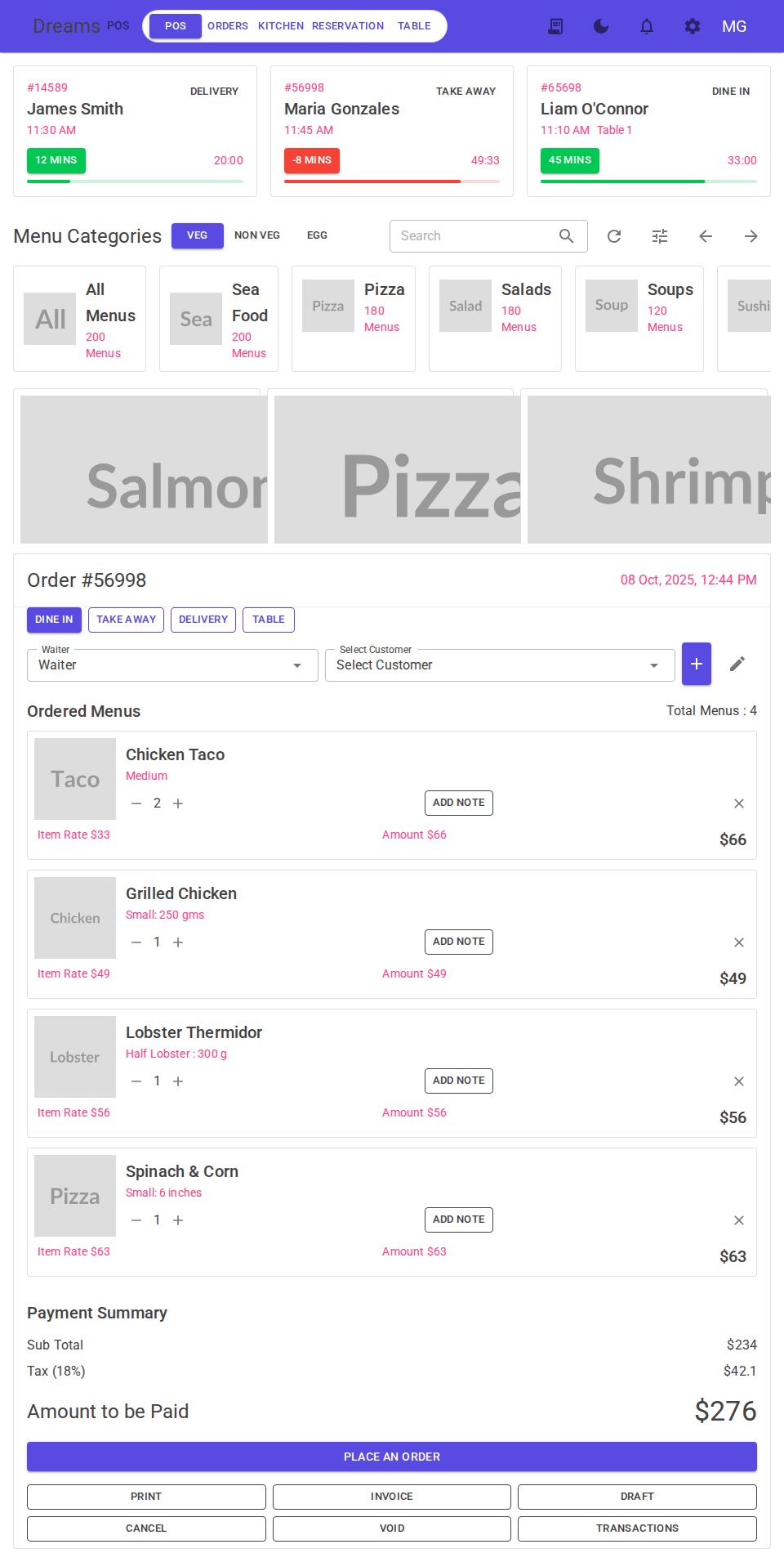 MudBlazor POS dashboard with recent order cards, searchable menu categories, and a checkout order panel