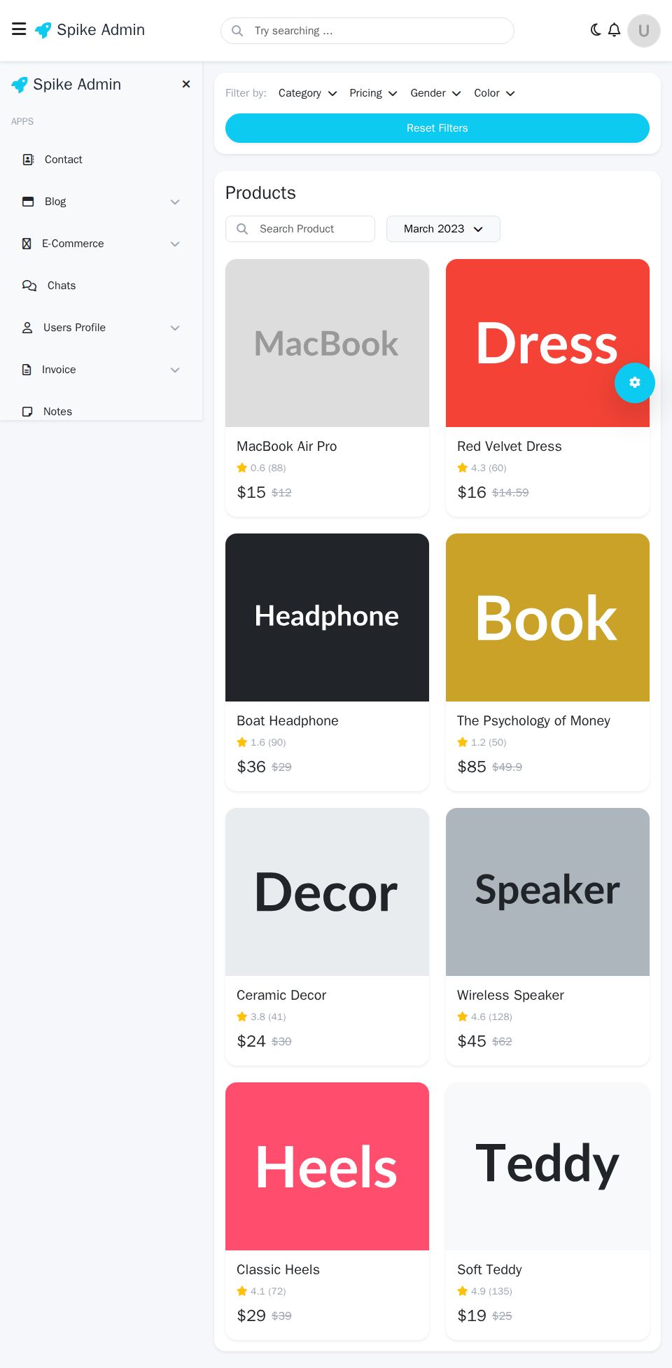 Blazor admin dashboard with Bootstrap sidebar navigation, product card grid, filter bar, and top theme toggle.