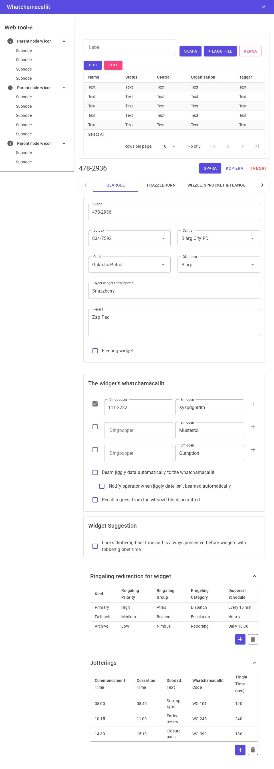 MudBlazor admin panel with drawer navigation, searchable table, tabbed entity form, and expansion panel data tables