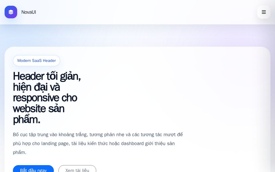Blazor SaaS website header layout with Bootstrap styling, sticky top navigation, user dropdown, and mobile drawer menu.