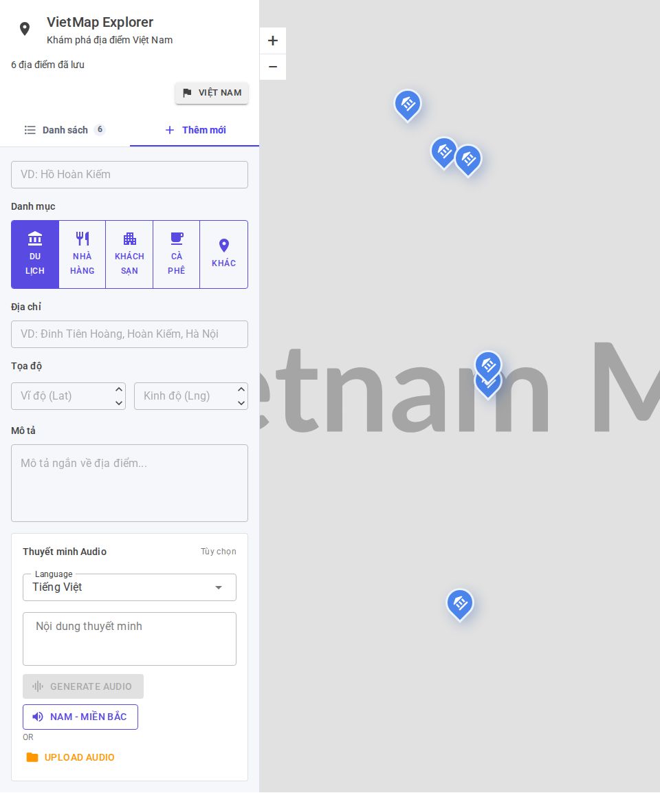 MudBlazor map explorer page with split sidebar form, searchable saved places, and custom map markers over Vietnam
