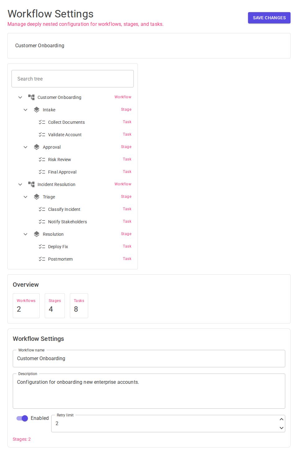 MudBlazor workflow settings admin page with searchable tree navigation, breadcrumbs, overview cards, and nested editor form