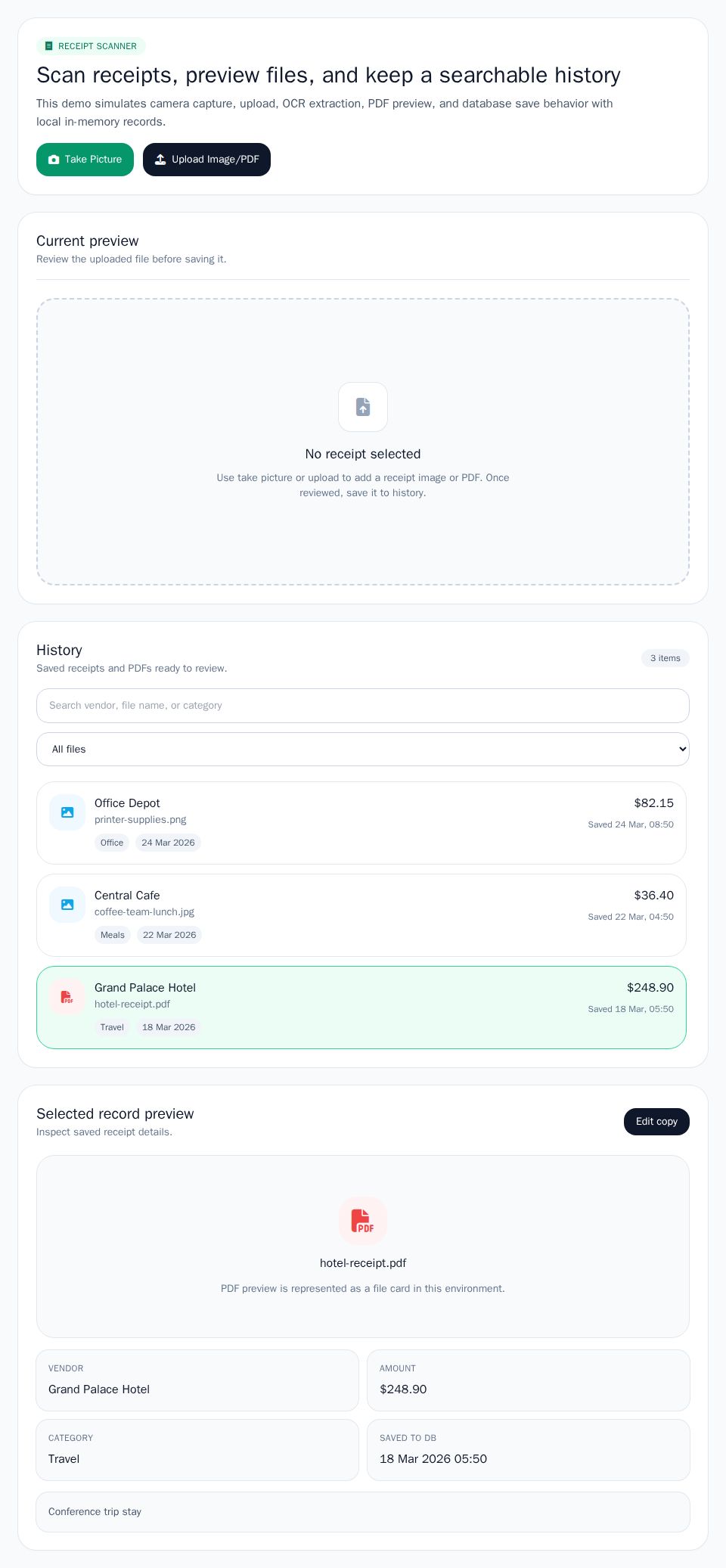 Blazor receipt scanner page with Tailwind styling, file upload preview, editable receipt form, and searchable history list