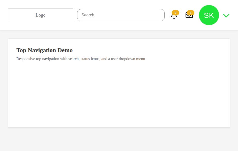 Blazor website top menu bar with search input, notification badges, and a profile dropdown in a responsive header.
