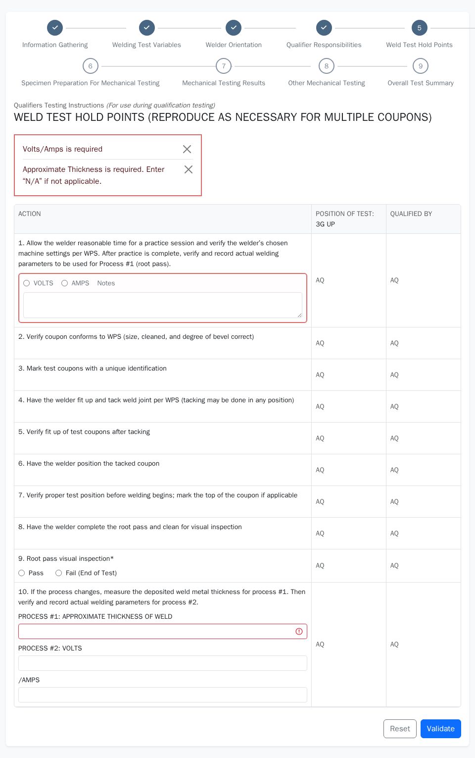Blazor weld test form with Bootstrap checklist table, step progress header, and inline validation error panel