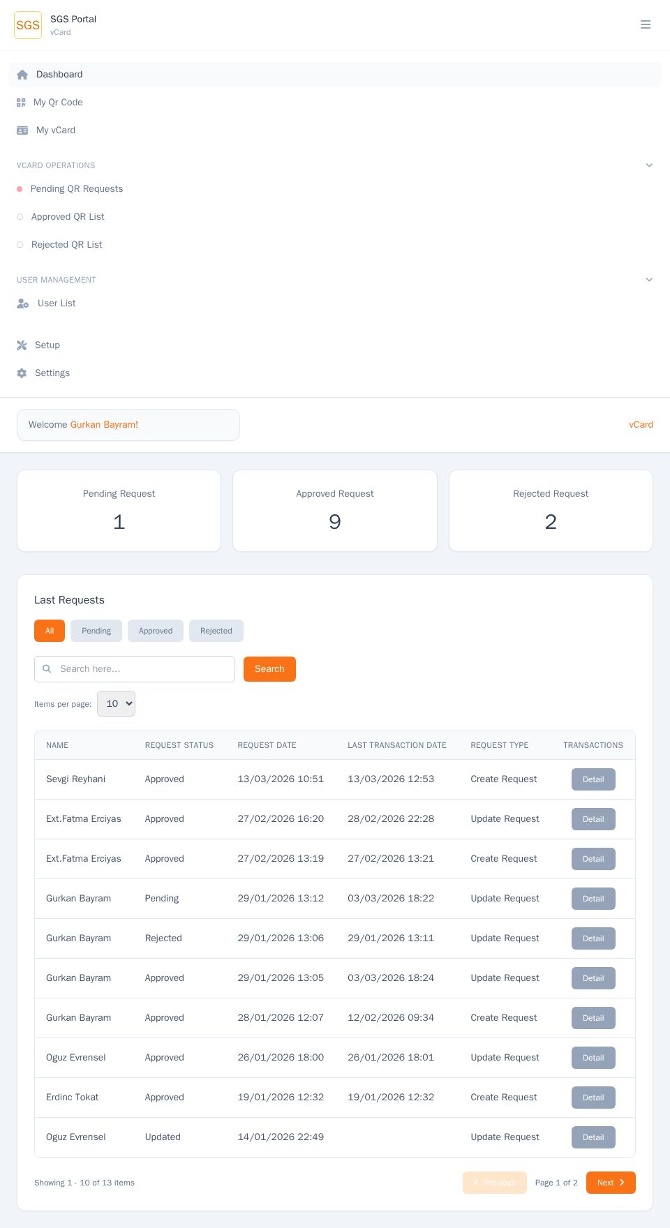 Blazor admin dashboard with Tailwind-style layout, sidebar navigation, KPI cards, and a searchable paged requests table