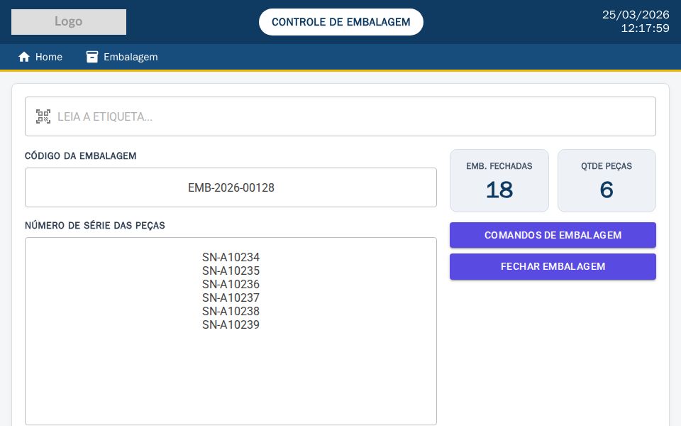 MudBlazor packaging control page with label scanner input, status counters, action buttons, and modal confirmation flow