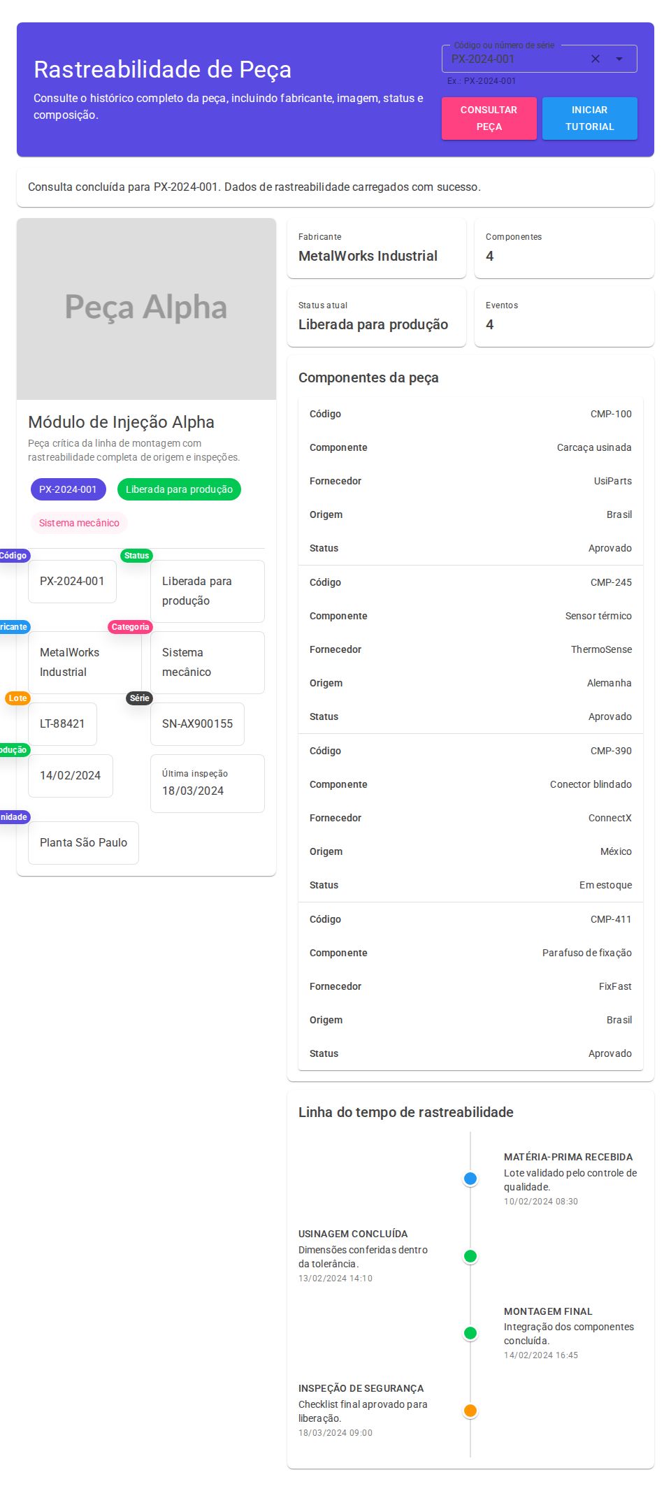 MudBlazor traceability dashboard with autocomplete search, part metadata cards, components table, and event timeline