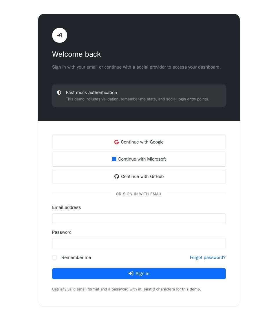 Bootstrap Blazor login page with social sign-in buttons, validated email form, remember-me checkbox, and alert messages.