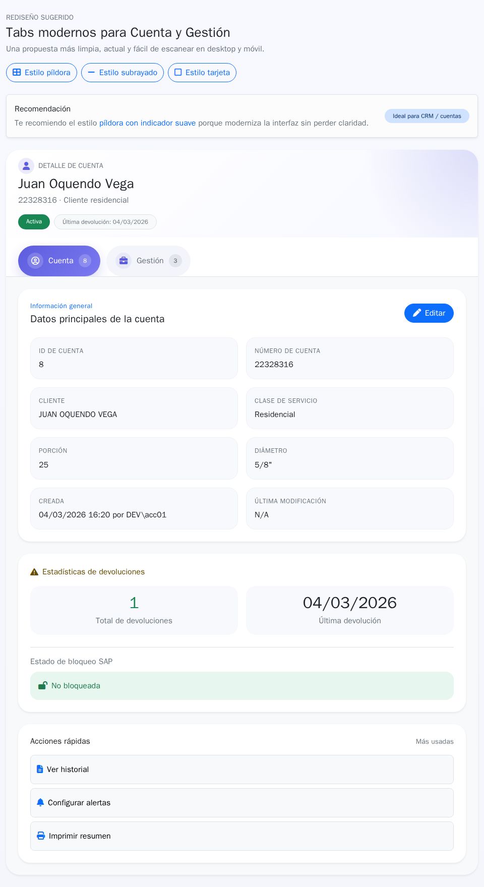 Blazor account management tab UI with Bootstrap cards, switchable tab styles, metrics panel, and activity timeline