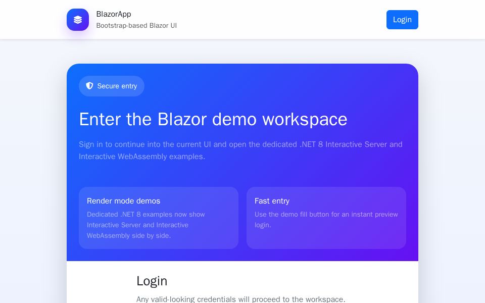 Bootstrap Blazor login workspace page with validated sign-in form, gradient hero panel, sidebar shell, and dashboard links.