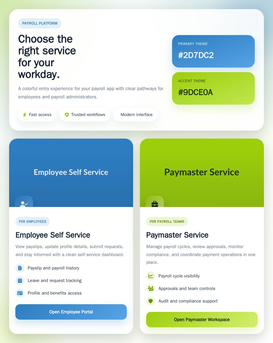 Blazor payroll website and sidebar component with collapsible icon navigation, hero metrics, and two service cards