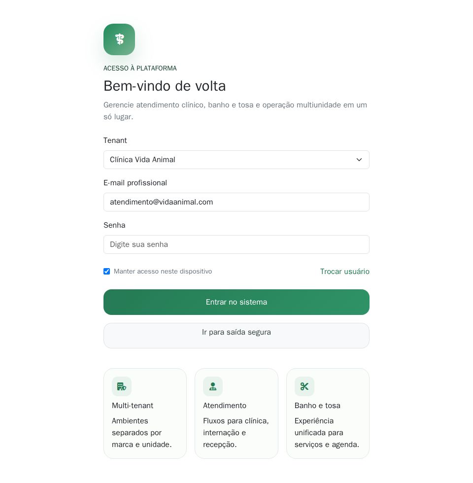 Bootstrap-styled Blazor login page with tenant form fields, green action buttons, and mini feature cards.