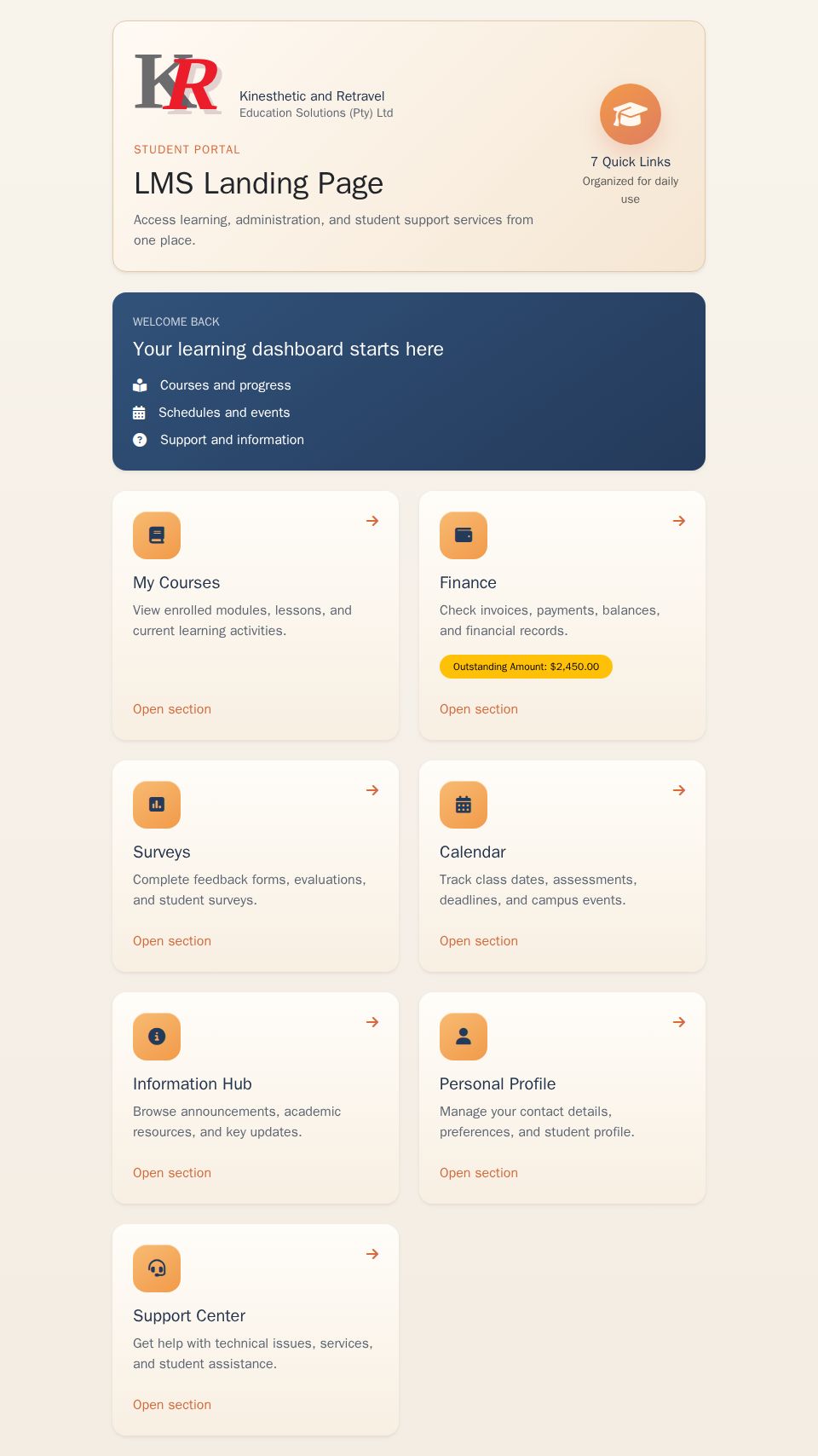 Blazor LMS landing page with Bootstrap quick-link cards, branded hero panel, and a conditional finance amount badge.