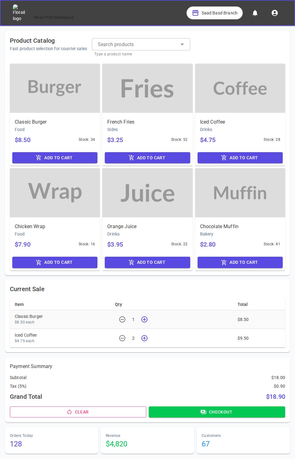 MudBlazor POS dashboard with product catalog cards, autocomplete search, cart table, and payment summary totals