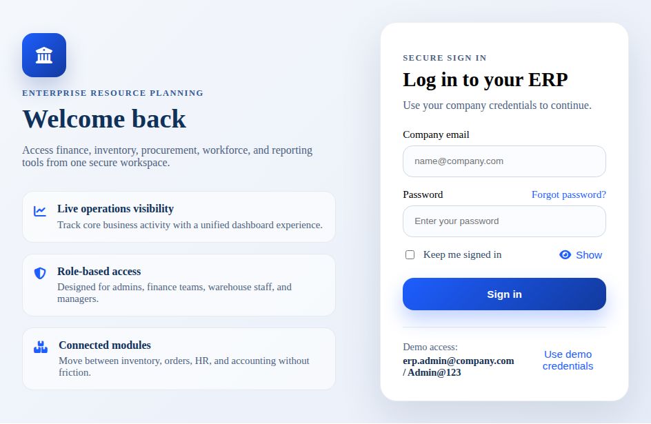 Blazor ERP login form with split-screen layout, validation messages, password toggle, and demo credentials action