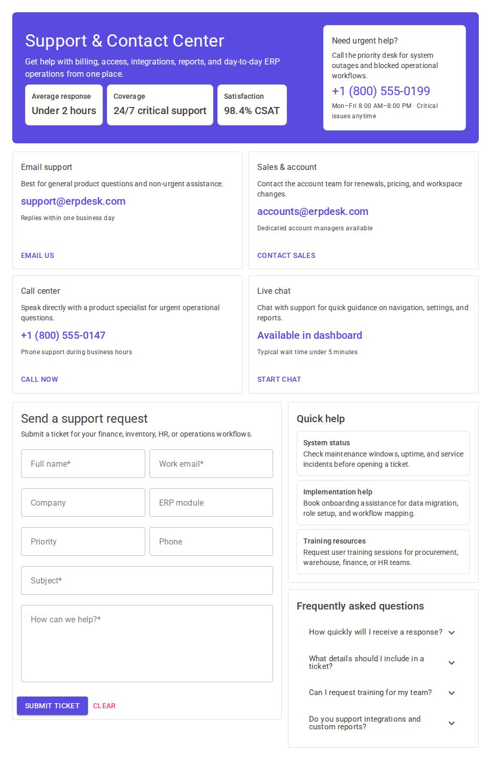 MudBlazor support page with contact cards, validated ticket form, quick help panel, and FAQ expansion sections