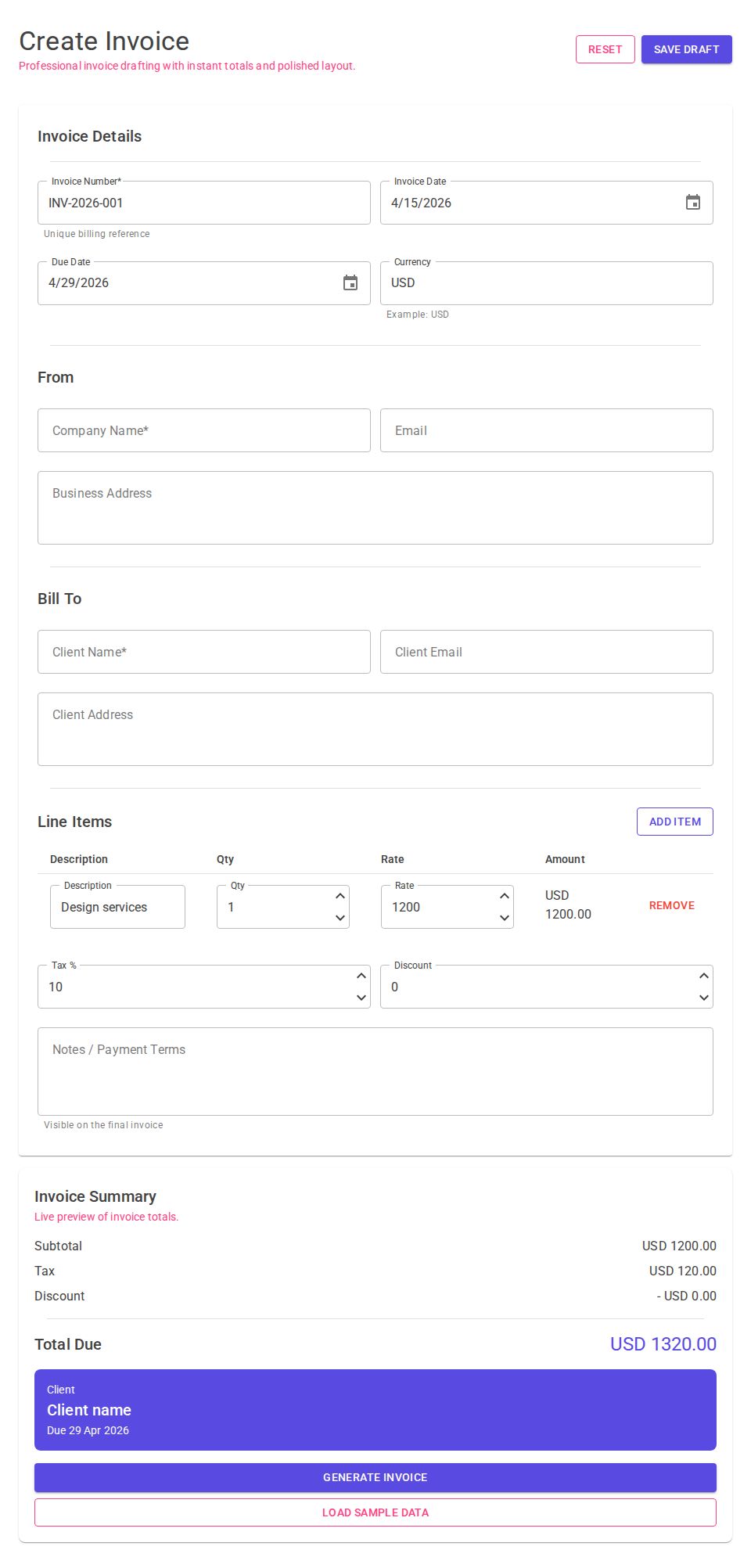 MudBlazor invoice form page with editable line items table, date pickers, and live invoice summary totals