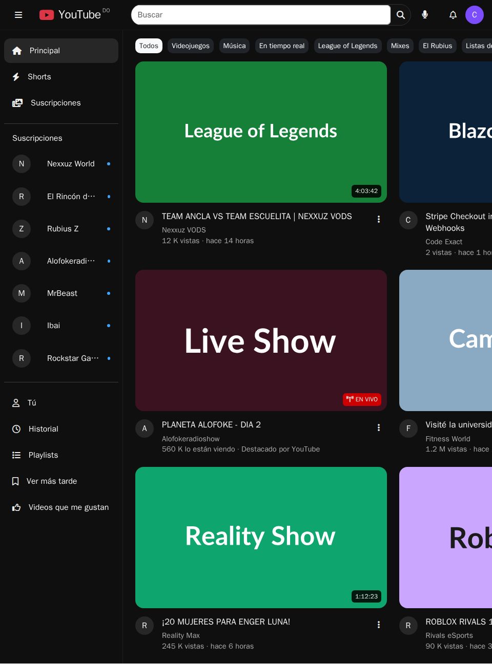 Blazor video gallery page with a dark YouTube-style layout, search bar, category chips, sidebar, and responsive video cards