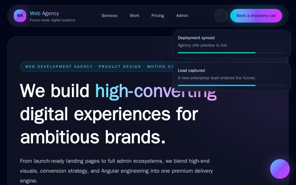Angular agency website and admin panel with dark Tailwind styling, blog filters, contact form, and sidebar dashboard tabs